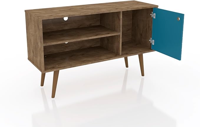 Manhattan Comfort Liberty Mid Century Modern TV Stand for Televisions up to 46 Inches, Bedroom and Living Room Entertainment Center with Storage, Shelves, and Cabinet, 43" Wide, Rustic Brown/Aqua