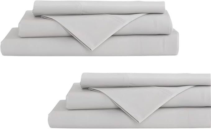 Linen Home 100% Cotton Percale Sheet Set Pack of 2, King Size, Silver, Deep Pocket, 8 Pieces Set - 2 Flat, 2 Deep Pocket Fitted Sheet and 4 Pillowcases, Crisp Cool and Strong Bed Linen