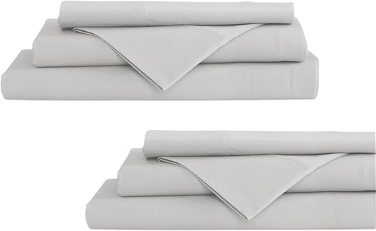 Linen Home 100% Cotton Percale Sheet Set Pack of 2, King Size, Silver, Deep Pocket, 8 Pieces Set - 2 Flat, 2 Deep Pocket Fitted Sheet and 4 Pillowcases, Crisp Cool and Strong Bed Linen