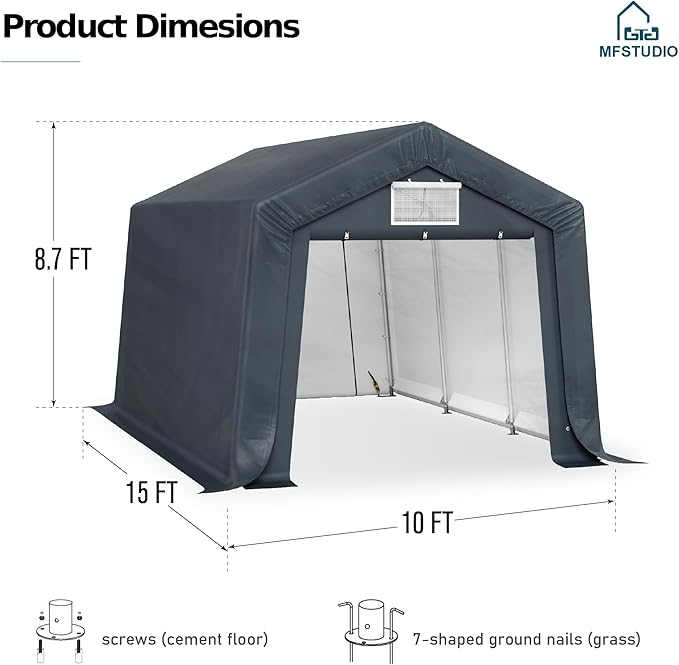 MFSTUDIO Outdoor Storage Sheds 10x15 ft, Portable Carport Shelter Garages Heavy Duty Canopy with Rolled up Zipper Doors, Outside Utility Shed Garage Tent for Patio Furniture, Vehicles and Tools