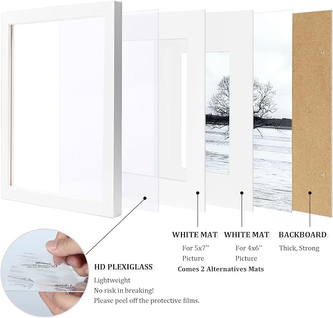 Egofine 8x10 Picture Frame Made of Solid Wood Covered by Plexiglass, Display Pictures 4x6/5x7 with Mat or 8x10 Without Mat for Table Top Display and Wall Mounting Photo Frame, White