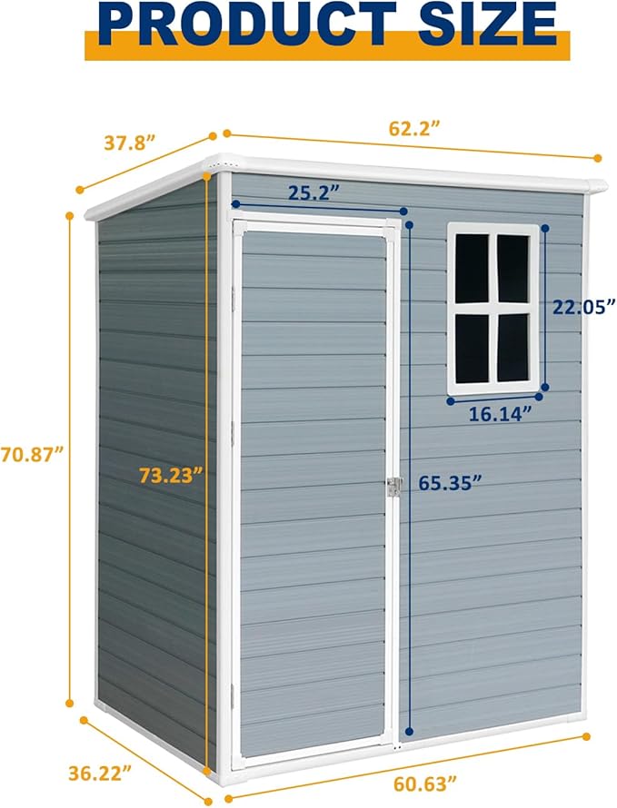 5' x 3' Resin Storage Shed Outdoor, PP Material & Strong Structure for All Weather, Plastic Garden Shed w/Window for Garden, Backyard, Poolside and Lawn, 15mm Thick PP Board - Light Grey