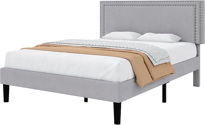 VECELO Queen Size Bed Frame with Adjustable Upholstered Headboard, Wooden Slats Platform, Noise-Free Design, Easy Assembly