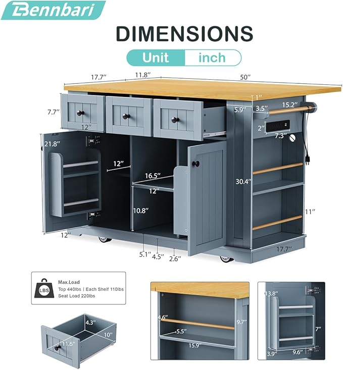 Rolling Kitchen Island with Storage, Kitchen Cart on Wheels with Drop Leaf, Mobile Kitchen Storage Cart with Power Outlet, Open Side Racks, 53 Inch Width, Three Drawers (Grey Blue)