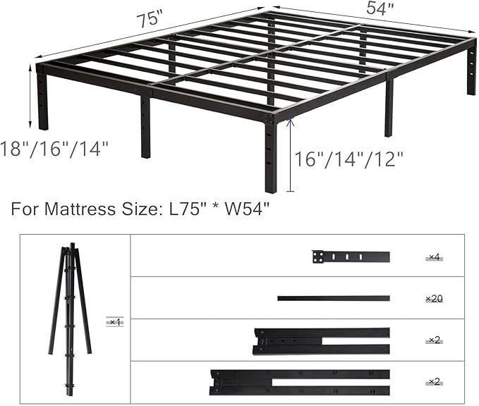 Full Size Bed Frame, Heavy Duty Metal Frames with Steel Slats Support, No Box Spring Needed, 16 Inch High Metal Platform Bed Frames with Storage, Non-Slip and Noise-Free, Black