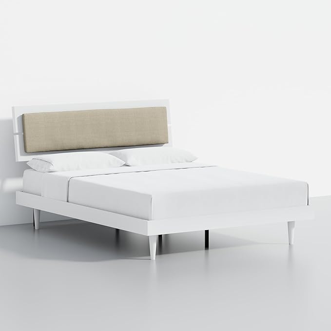 Modern Solid Wood Platform Bed with Adjustable Headboard with Cushion – No Box Spring Needed,Fast Assembly – Queen Size in White