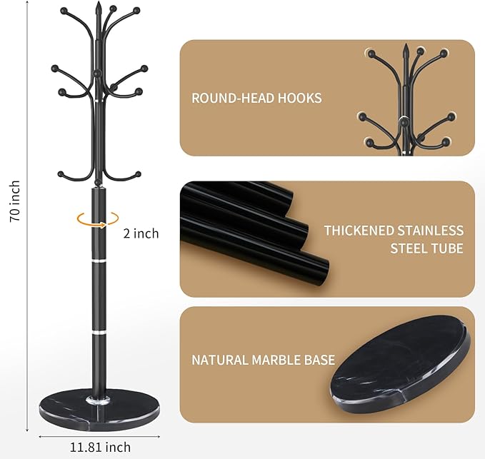 Metal Coat Rack Stand, Modern Freestanding Coat Rack with Natural Marble Base, Coat Racks and Coat Hall Tree Hanger Stand for Entryway, Hallway, Office (12 HOOKS)