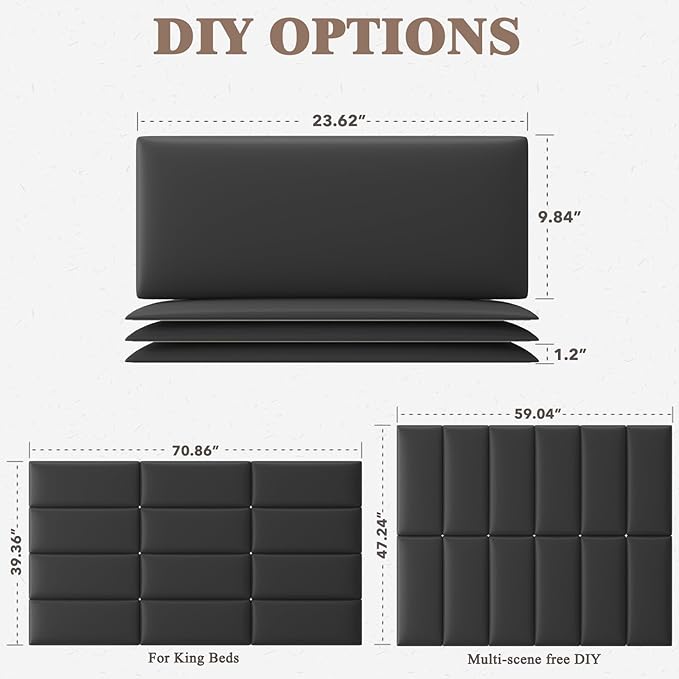 Upholstered Headboard for King Size Bed, Wall Mounted & Peel and Stick Headboard, Soundproof DIY Wall Panels, Leather Head Board in Modern Design for Bedroom (12 Panels, Each 23.62"x9.84"