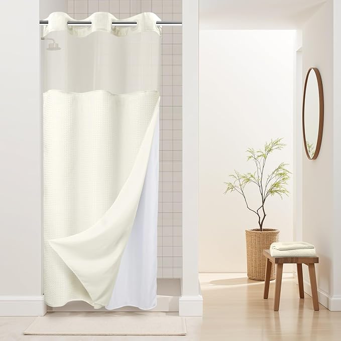 River Dream Stall Heavyweight No Hooks Required Dotted Waffle Weave Shower Curtain with Snap in Liner - 36W x 74H,Hotel Grade,Spa Like Bath Curtain,Graphite Cream