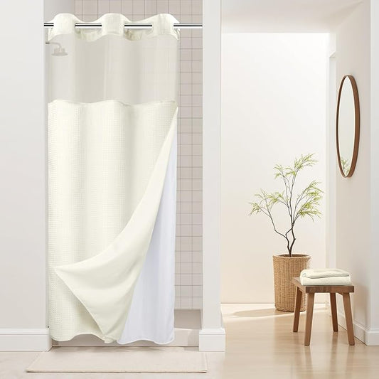 River Dream Stall Heavyweight No Hooks Required Dotted Waffle Weave Shower Curtain with Snap in Liner - 36W x 74H,Hotel Grade,Spa Like Bath Curtain,Graphite Cream