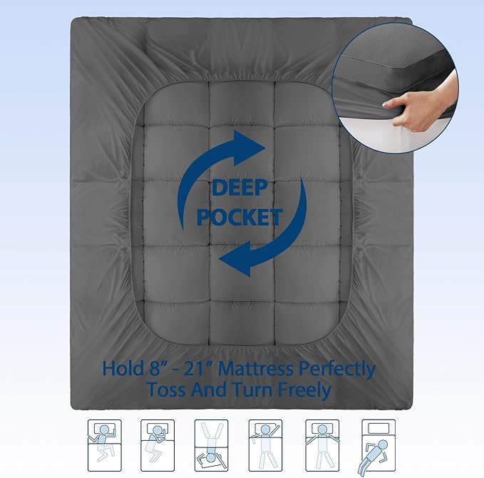 ELEMUSE Twin XL Grey Cooling Bamboo Viscose Mattress Topper for College Dorm, Extra Long Twin Mattress Pad Cover for Back Pain, Soft Pillowtop with Deep Pocket, Overfilled Down Alternative Filling