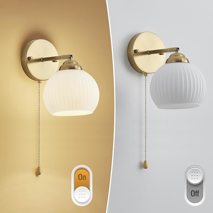 Gold Wall Sconce, mid Century Modern Sconce with Hand Pull Switch Indoor Wall Sconce for Bedroom Bedside Bathroom Kitchen Vanity Hallway Wall Mounted Light Fixture