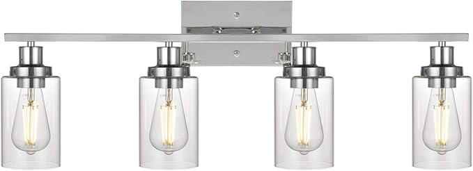 MELUCEE 4-Light Bathroom Lighting Fixtures with Clear Glass Shade Chrome Finish, Modern Vanity Light Wall Mount Lamp for Bedroom Dressing Table Mirror Cabinets Vanity Table (Patent No.: US D963914 S)