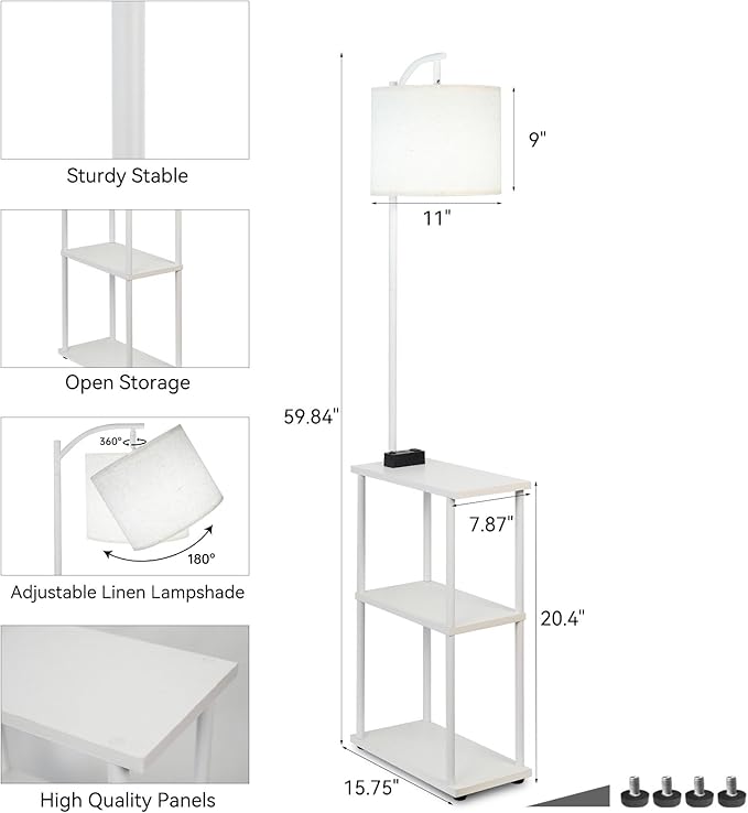 Floor Lamp with Table, Narrow Side Table with USB-A/USB-C Charging Station and AC Port, 3 Color Temperatures 12W LED Bulb, End Table for Bedroom, Living Room and Home Office, White