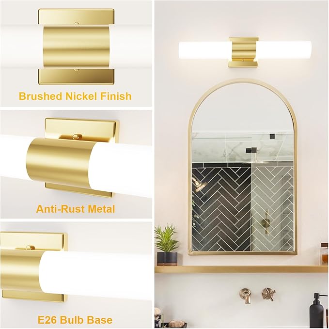 Kalium Bathroom Wall Sconce Fixture, 21 Inch Modern Vanity Lights with Frosted Glass Shade, Indoor Sconces Lighting Wall Decor Lamps for Bathrooms Living Room Stairs Bedroom (Gold)