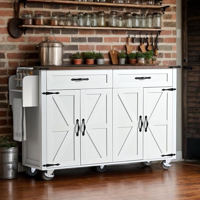 Farmhouse Roling Kitchen Island Cart with Drop Leaf Breakfast Bar with Power Outlet, Storage Island Table on Wheels with Drawers, Spice Rack(White)