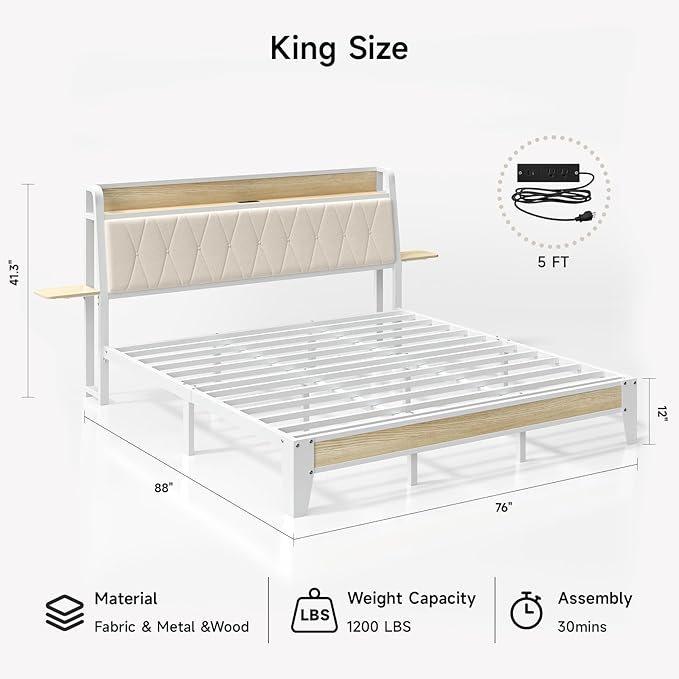 King Size Bed Frame with Side Storage Shelf, Ergonomic Upholstered Headboard with Charging Station, King Platform Bed Frame, Metal Slats Support, No Box Spring Needed, Easy Assembly, White