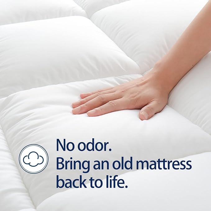 Mattress Topper King for Back Pain, Extra Thick Mattress Pad Cover, Plush Pillow Top, Deep Elastic Pocket, White