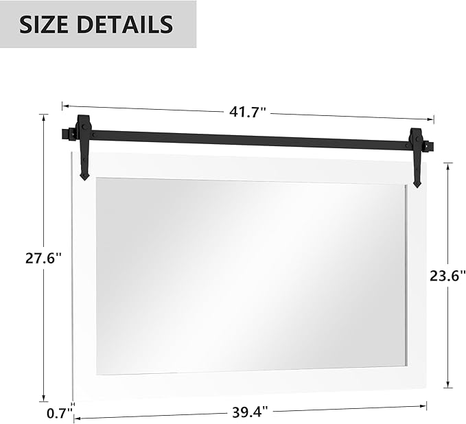 Farmhouse Barn Door Mirror - 42" x 28" Rustic Wood Framed Wall Mirror for Bathroom, Living Room, Bedroom Wall Decor (Bright White)