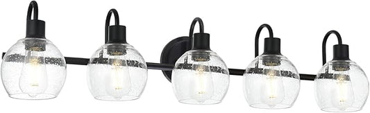 5-Lights Black Bathroom Vanity Light Fixtures Over Mirror, Modern Vanity Wall Sconce Lighting with Globe Seeded Glass Lampshades for Bedroom Kitchen Hallway