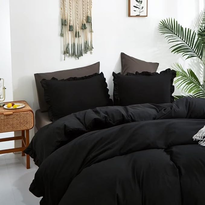 CLOTHKNOW Black King Size Comforter Set 3Pieces Ruffles Bedding Comforter Sets Shabby Chic Comforter Boho Comforter with 2 x Pillow Cases