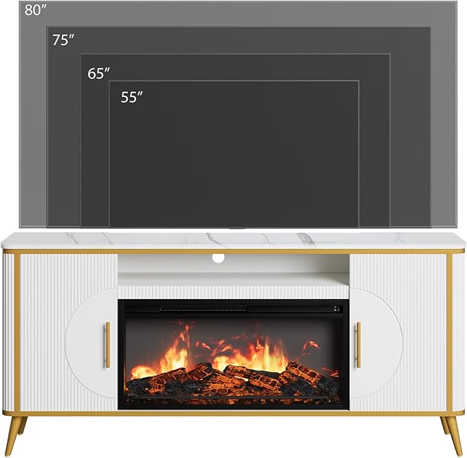 Fluted Fireplace TV Stand Up to 80" TVs, Modern Entertainment Center with 30" Electric Fireplace, Luxury Media Console with Adjustable Shelves for Living Room, White