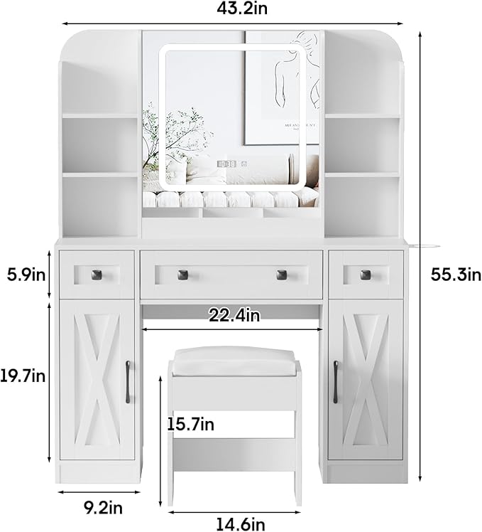 Vabches Makeup Vanity Desk, Vanity Mirror with Lights Desk and Chair,Makeup Table with 3 Large Drawers and 2 Cabinets, Time and Temperature Display, 3 LED Lighting Modes Adjustable, White
