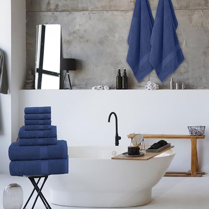 Pack of 8 Towels Set, 2 Large Bath Towels, 2 Hand Towels, 4 Wash Cloths, 100% Cotton, Lighter Weight, Quicker to Dry, Super Absorbent, Perfect for Bathroom (Navy)