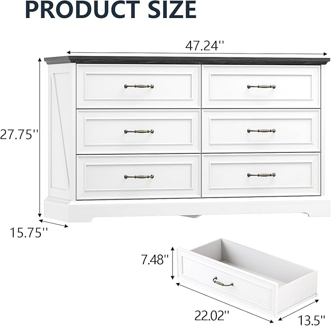 Dresser for Bedroom with 6 Drawer, Farmhouse Dresser for Closet, 47'' Wide Rustic Wooden Chest of Drawers with Natural Wood Texture, Vintage Storage Organizer for Living Room, Hallway, White