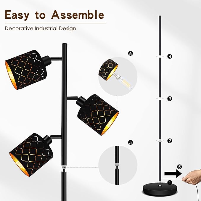 Industrial Floor Lamps for Living Room, Tree Standing Lamp for Bedroom with Adjustable 3-Light, 4W E12 LED Bulb, Modern Stand Up Lamps, Metal Tall Rustic Pole Lamp, Vintage Farmhouse Floor Lamp