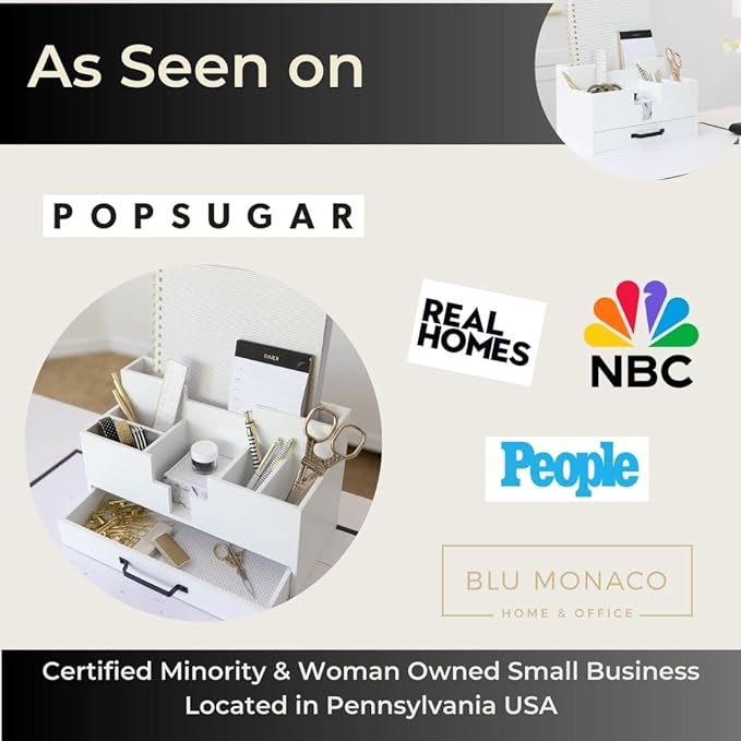 BLU MONACO White Wood Desk Organizer with Drawer – Home Office Accessories for Women – Compact Desktop Storage Solution