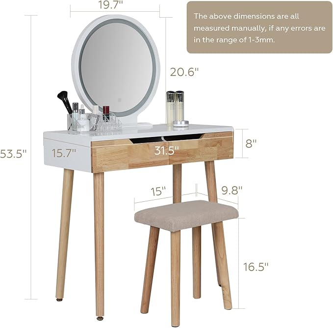 YOURLITE Makeup Vanity Desk with Lights,Small Vanity with Adjustable Brightness Mirror for Small Spaces, Dressing Table with Drawers (31.5", Circular Mirror Wood)