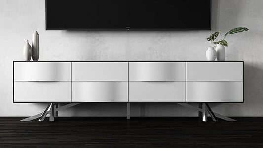 ZURI Furniture 86.6" Wide Modern Vinson TV Stand Smooth Black Oak Glossy and White Lacquer Paneling