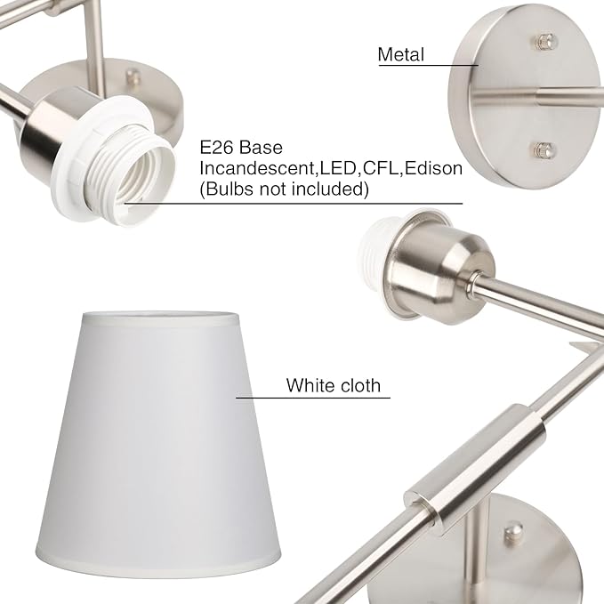 PERMO Classic Transitional Double Sconce 2-Lights Wall Sconce Lighting Fixture with Flared White Textile Lampshade and Brushed Nickel Finished Long Arm for Indoor Bathroom Bedroom Bedside