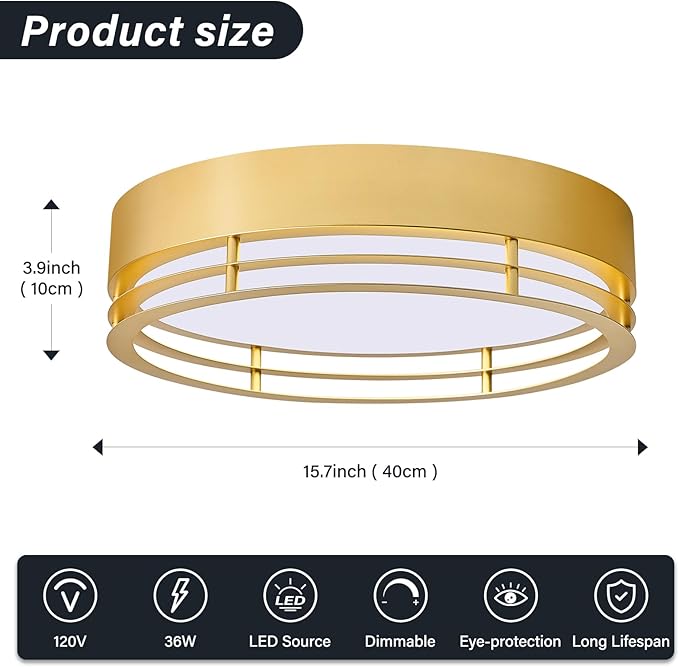 Dimmable Gold Flush Mount Ceiling Light, Modern Round LED Ceiling Lights Fixture, Kitchen Flushmount Light for Bedroom Hallway Kitchen 2700 K-6000 K 5CCT