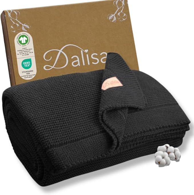 Dalisa 100% Organic Turkish Cotton Throw Blanket - GOTS Certified, Cozy - Perfect for Couch, Bed, and Home Decor - Boho Vintage Knit Alina (Black, 60x80)