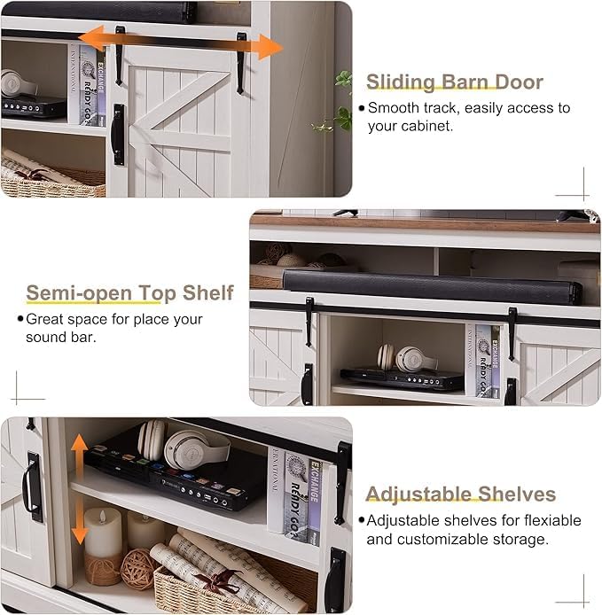 OKD Farmhouse Entertainment Center for 65+ Inch TV, 33" Tall Highboy TV Stand w/Sliding Barn Door, Rustic Wood Television Stand, Media Console w/Storage Shelves for Living Room, Antique White