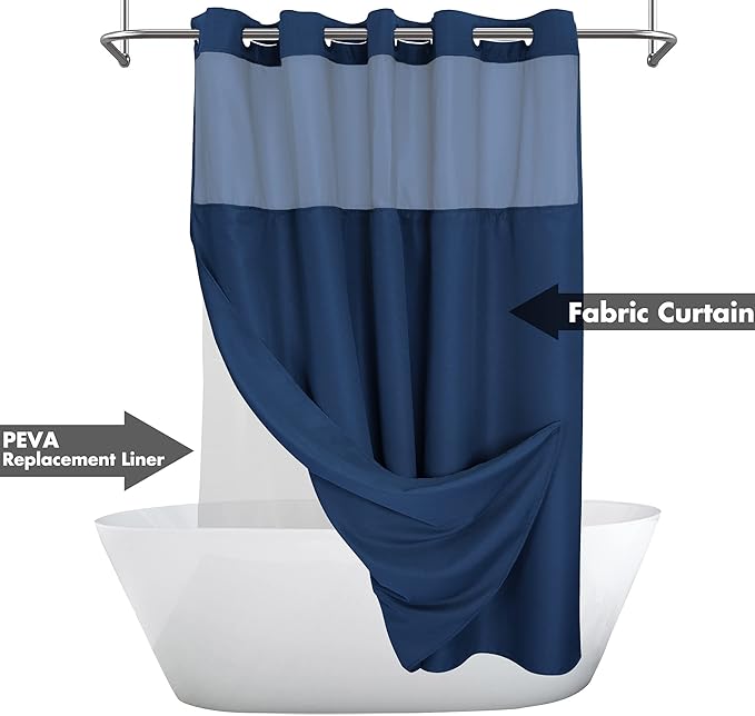Long No Hook Slub Textured Shower Curtain with Snap-in PEVA Liner Set - 71" x 80"(78"), Hotel Style with See Through Top Window, Navy Blue Fabric Curtain & Waterproof Liner, Navy Blue, 71x80