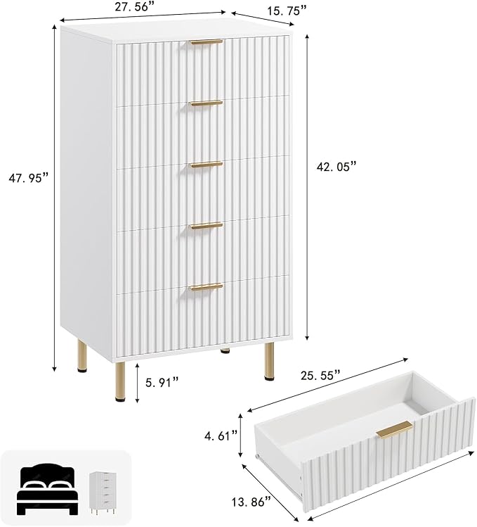GarveeHome Fluted 5 Drawer Dresser for Bedroom, 48" Tall Modern Chest of Drawers with Deep Drawers and Wide Top, Wooden Dresser Organizer for Living Room, Hallway, Kids Room, White