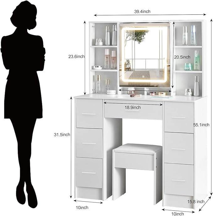 39" W Makeup Vanity Desk with Mirror and Lights, White Vanity Set with 7 Drawers and 8 Storage Shelves, Vanity Table with Adjustable LED Lights and Stool, Dressing Table for Girls, White