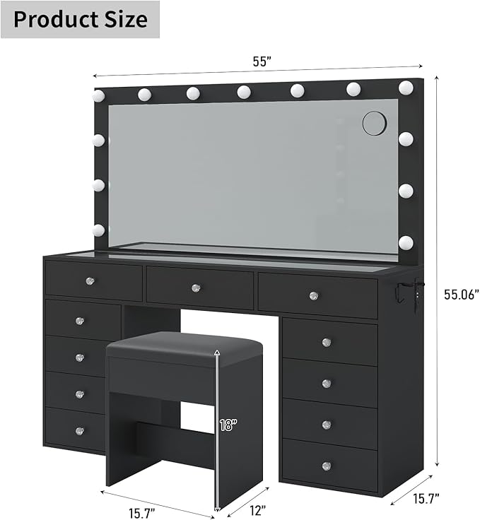 Vanity Desk, 11 Drawers Makeup Vanity with Power Outlet, Vanity Table with Mirror and Lights, 3 Color Lighting Modes, Dressing Table for Bedroom (Black)
