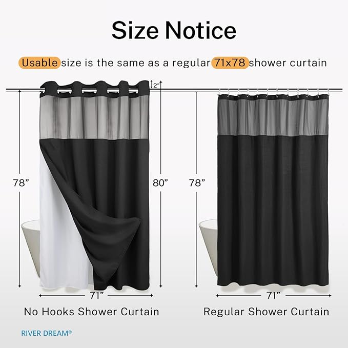 River Dream Heavyweight No Hooks Required Dotted Waffle Weave Shower Curtain with Snap in Liner - 71W x 80H,Hotel Grade,Spa Like Bath Curtain,Graphite Black