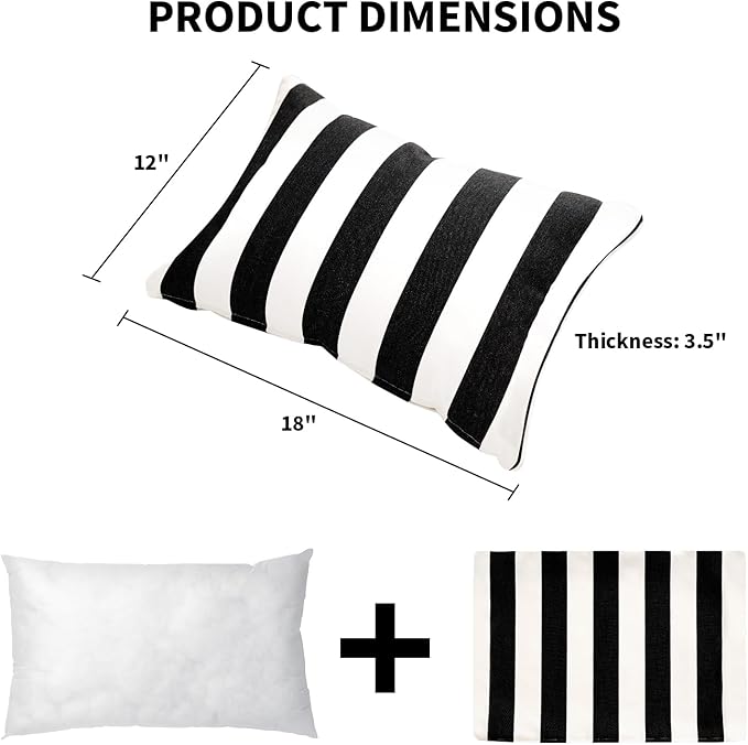 Decorative Patio Throw Pillows Pack of 2 Water Resistant Pillow Set of 2(18" x 12") Double Printed Rectangle Pillow for Outdoor Sofa&Chair,Black Stripes