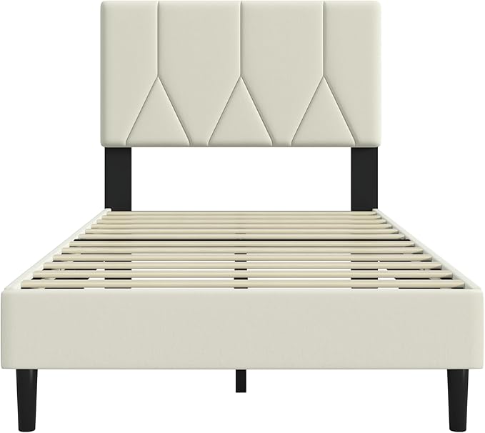 Twin Size Bed Frame, Platform Bed Frame with Velvet Upholstered Headboard, Twin Upholstered Mattress Foundation with Strong Wooden Slats, No Box Spring Needed, Noise Free, Easy Assembly