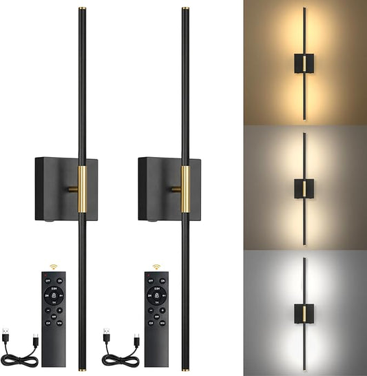 Battery Operated Wall Sconces Set of 2, Battery Wall Sconce with Remote Control, 350°Rotate, LED Rechargeable Sconces,3000K-6000K Wireless Wall Light for Bedroom, Living Room, Hallway (Black,32Inch)