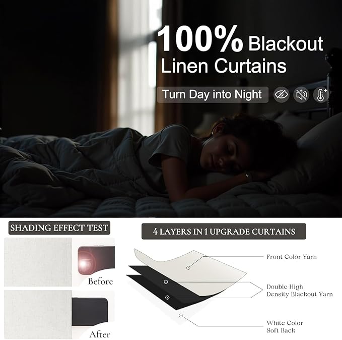 Cream Linen Blackout Curtains 84 Inch Long 2 Panel Set Back Tab Thermal Insulated Light Blocking Curtain for Living Room Black Out Drapes for Bedroom Neutral Rustic Farmhouse 52x84 Length Ivory White