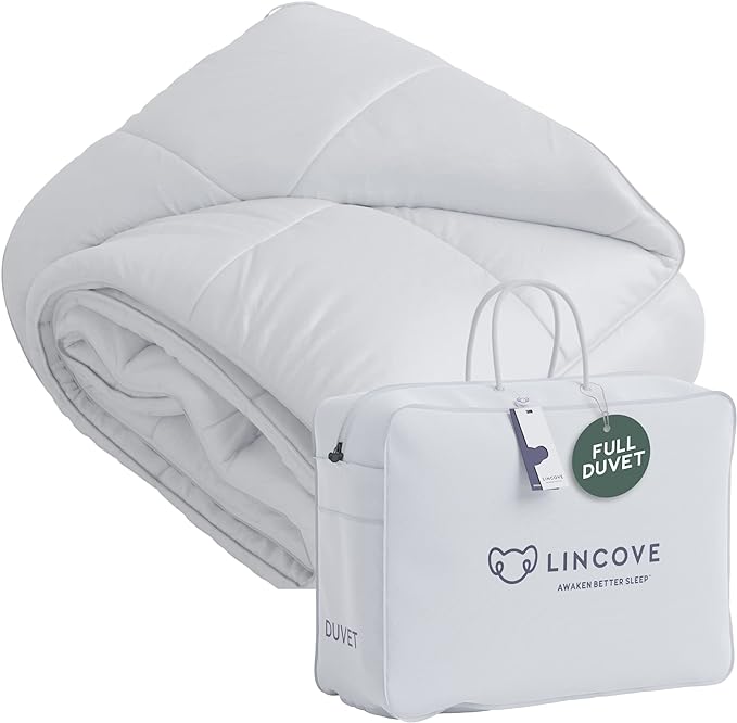 Lincove Canadian Down Comforter – All-Season Warmth Duvet Insert – Corner Loops in Each Corner, 600 Thread Count - 100% Cotton Sateen Shell, Full