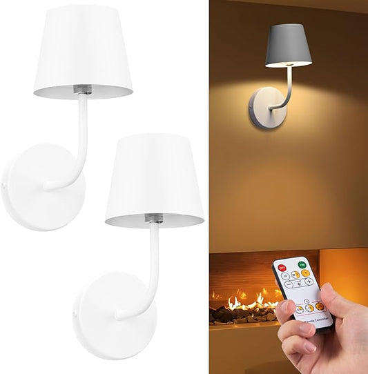 LED Wireless Wall Lamp Set of 2, with 5600mAh Rechargeable Battery Powered Wall Sconces, Touch for Remote Control Infinite Dimming Be Used for Bedroom Mirror Living Room Wall Painting (White)