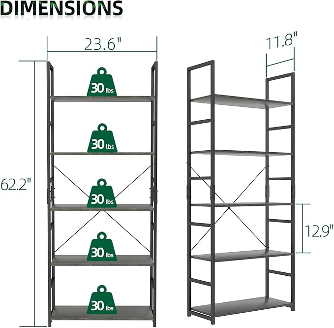 OTK 5 Tier Bookshelf, Tall Bookcase, Office Shelf Storage Organizer, Modern Book Shelf for Living Room, Bedroom, and Home Office, Dark Grey