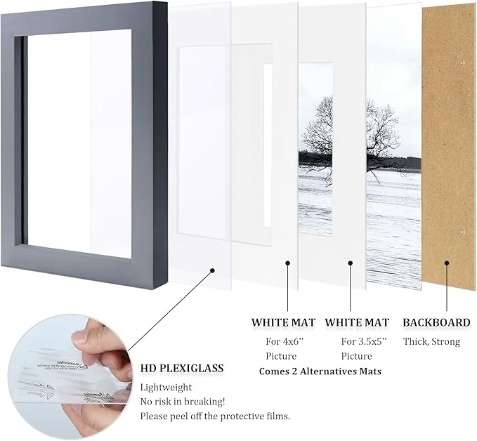 Egofine 5x7 Picture Frame Made of Solid Wood, Display Pictures 3.5x5/4x6 with Mat or 5x7 Without Mat Covered by Plexiglass for Table Top Display and Wall Mounting Photo Frame, Dark Gray